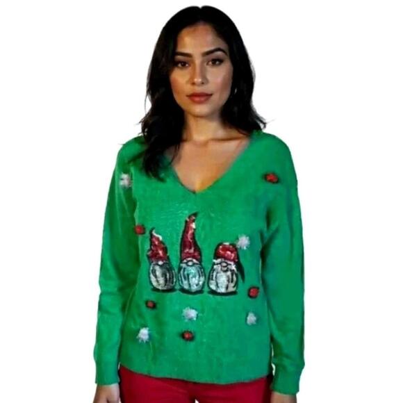 Women size M Green Santa Sweater with Pom Poms NWT - Picture 1 of 9